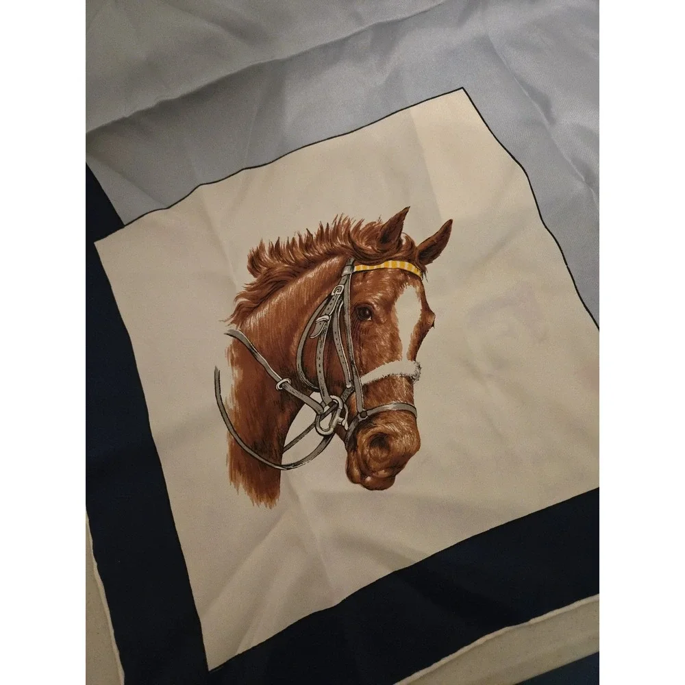 Vintage Horse Scarf Silk Equestrian Echo Blue White 26x25 RL Made in Italy